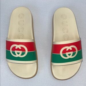 Gucci Cream Slides with Red & Green Striped Upper and Gold GG